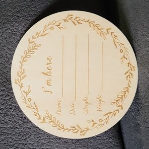 Newborn Baby Arrival Announcement Wood Disc leaves flower buds